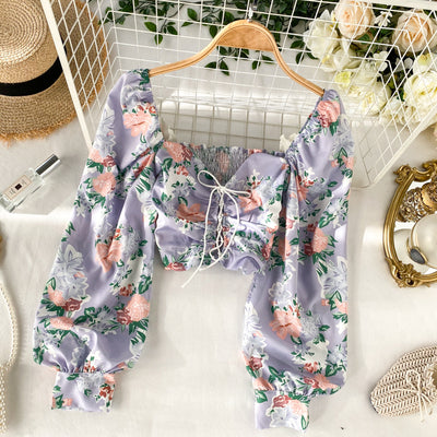 Chemisier Court à Fleurs Nombril et Manches Bouffantes Lisa BlackPink