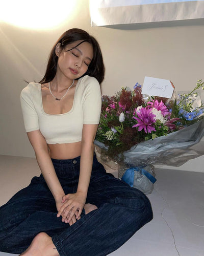 Crop Top à manches courtes et col en U T-shirt Femme Jennie BlackPink