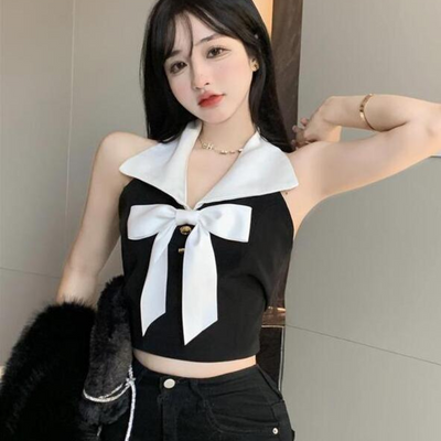 Crop Top Noir Noeud et Grand Col Blanc Rose Chaeyoung BlackPink Kpop