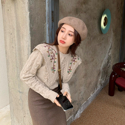 Pull Gris Tricot avec Un Col Fleuri Jisoo BlackPink Kdrama Snowdrop