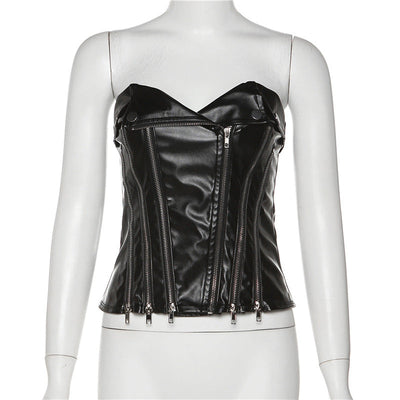 Haut Cuir Noir avec Fermetures Eclair Jisoo BlackPink Born Pink Tour