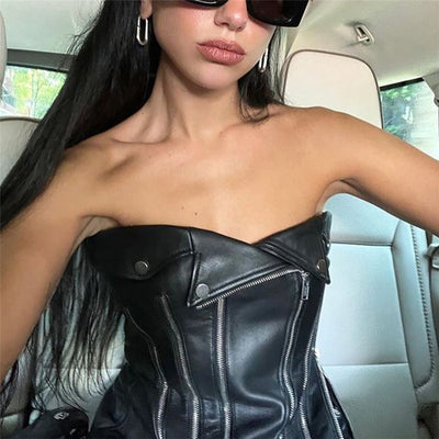 Haut Cuir Noir avec Fermetures Eclair Jisoo BlackPink Born Pink Tour