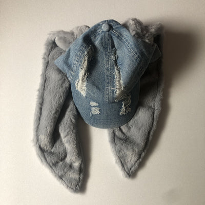 Casquette en Jean Déchiré avec 2 Grandes Oreilles de Lapin NewJeans Mode Kpop