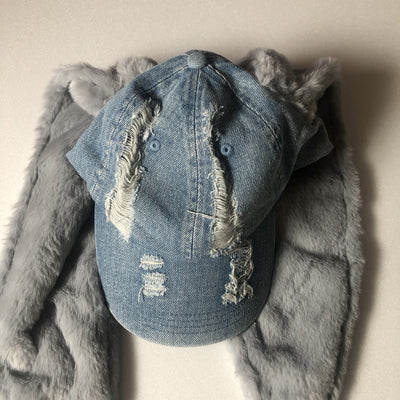 Casquette en Jean Déchiré avec 2 Grandes Oreilles de Lapin NewJeans Mode Kpop