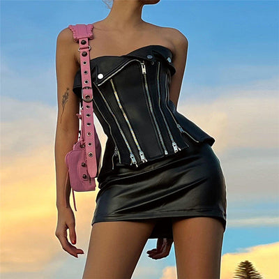 Haut Cuir Noir avec Fermetures Eclair Jisoo BlackPink Born Pink Tour