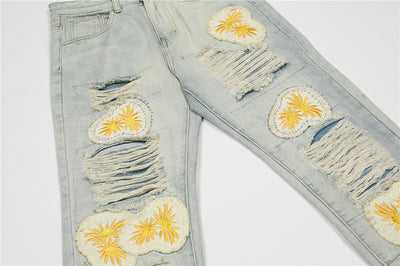 Jean Délavé avec Trous et Ecusson Fleurs Jaune Hongjoong ATEEZ Kpop