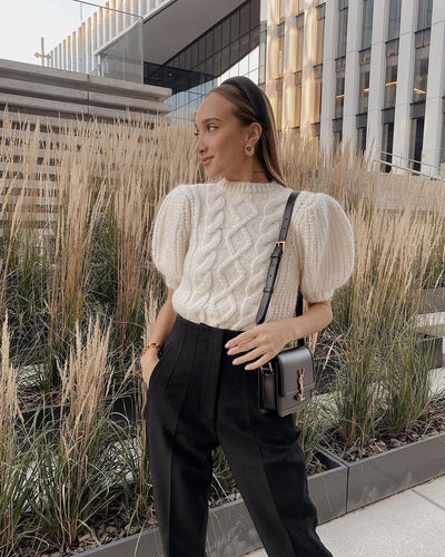 Pull Blanc Hiver Torsades et Manches Bouffantes Momo Twice Mode Femme