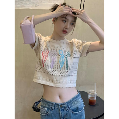 Crop Top Beige Fleurs Brodés Colorées Sakura Japon Mode Femme Kpop