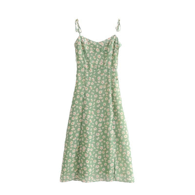 Robe mi-longue Verte Femme avec Motif Fleurs et Fentes Jennie BP