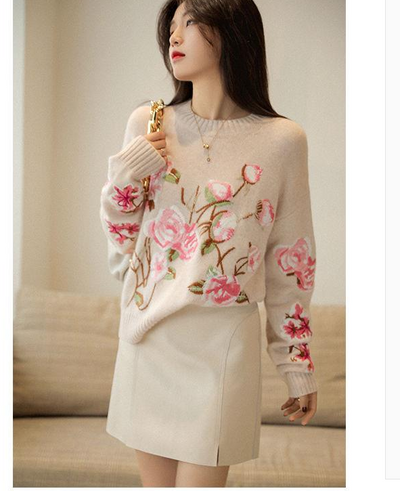 Pull Fleurs brodés Rose Vert Violet Printemps Seolhyun AOA Mode Femme