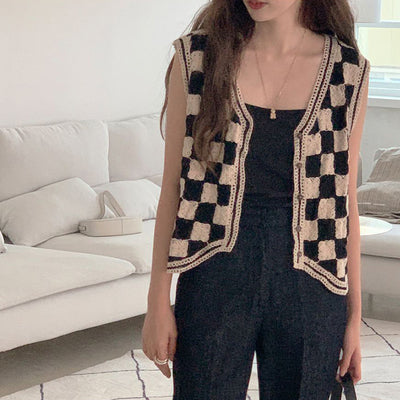 Gilet Cardigan à Carreaux Tricoté À Carreaux Couleur Rétro Sunmi