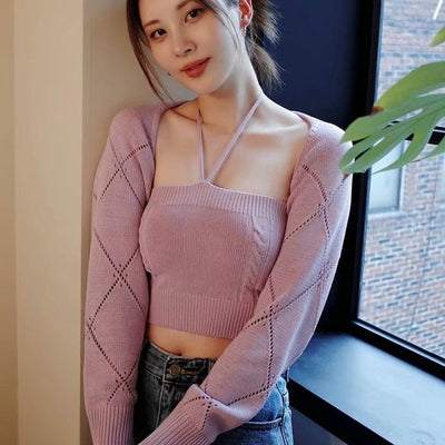 Ensemble Rose Crop Top et Boléro Cute NingNing Aespa Mode Coréenne Kpop