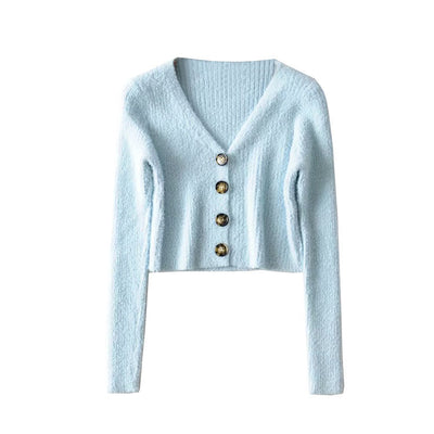 Pull Cardigan Court Col en V Avec Boutons Manches Longues Momo Twice