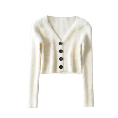 Pull Cardigan Court Col en V Avec Boutons Manches Longues Momo Twice