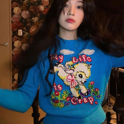 My Life is Crap Chandail Motif Broderie Agneau Joy Red Velvet Sweater