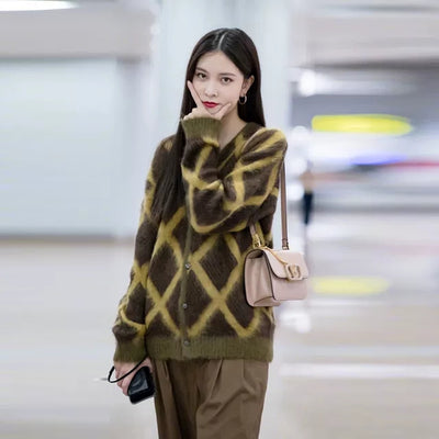 Cardigan Motif Quadrillé Hoshi Seventeen Manteau Pull Mixte à Carreaux