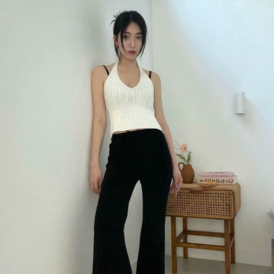 Haut Court Gilet Vert à Torsades Dos Nu Col Suspendu Sunmi Mode Femme