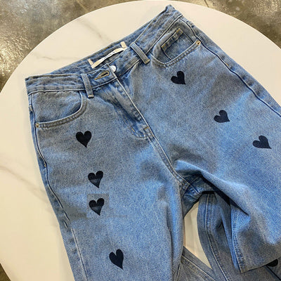Pantalon en Jean Taille Haute Motif Coeur Joy Red Velvet Mode Kpop