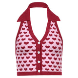 Gilet Rose Rouge Motif et Boutons Coeur Col Polo Yuna ITZY Mode Femme