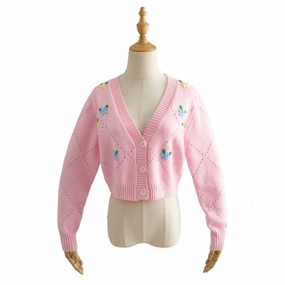 Cardigan Col V Rose brodé Fleurs Nayeon Twice Top Vintage Floral