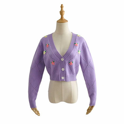 Cardigan Col V Rose brodé Fleurs Nayeon Twice Top Vintage Floral