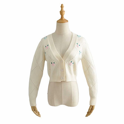 Cardigan Col V Rose brodé Fleurs Nayeon Twice Top Vintage Floral