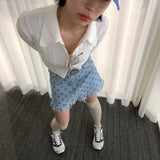 Jupe effilochée en Jean Avec Etoiles Bleues Yuqi G I Dle Mode Coréenne