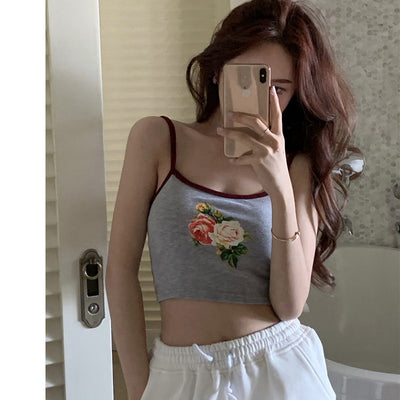 Momo Crop Top Bouquet Fleur Gris Bretelles Débardeur Court K Pop Twice