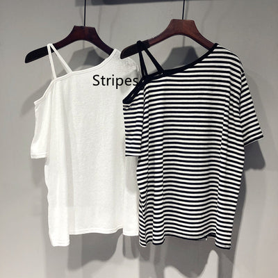 Haut rayé sexy Bretelle Epaule Nue Marinière Nayeon Twice Bubble Mode