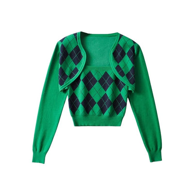 Ensemble Top Vert Crop Top Cardigan Motif Diamant Seulgi Red Velvet Mode