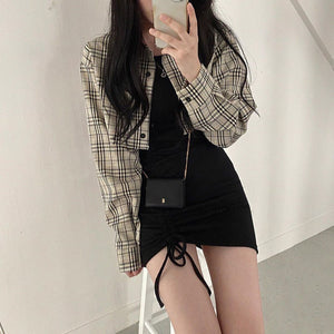Chemise à carreaux courte Rétro Simple Karina Aespa Kpop Mode Coréenne