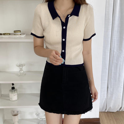 Polo Jaune Coutures blanches Manches Courtes Yena Mode Coreenne