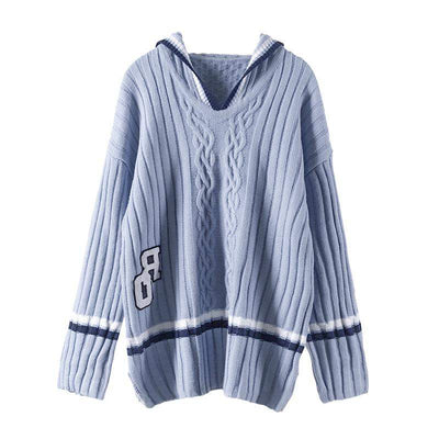 IU Pull Long Col Bleu Marine à Manches Longues et Broderie Torsadée