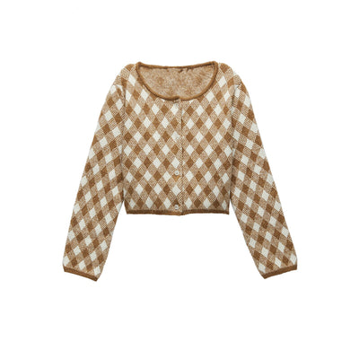 Veste Courte Cardigan en maille Argyle Camel et Blanc Jennie Kim KPop