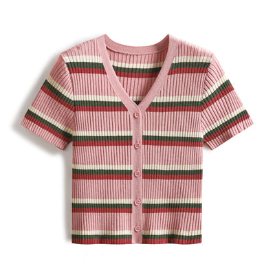 Cardigan Polo Col V A Rayures Tri Bandes Seunghee Oh My Girl Mode Femme