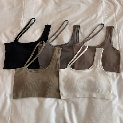 Crop Top Sport Femme Noir Épaules Dénudées Bretelles Diagonales Taeyeon