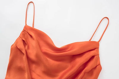 Robe Unie Orange Plissée Satin Lacets Miyeon G Idle Kpop Mode Femme