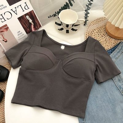 Crop Top Manches Courtes Coutures Apparentes Joy Red Velvet Mode Femme