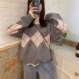 Pull gris à motifs Argyle Pullover ample à col en V Losange Mingyu Seventeen