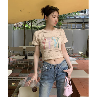 Crop Top Beige Fleurs Brodés Colorées Sakura Japon Mode Femme Kpop