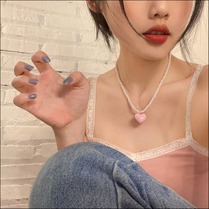 Collier Mignon Coeur Rose avec petites Perles Dayeon Kep1er Mode Kpop