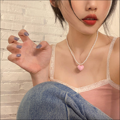 Collier Mignon Coeur Rose avec petites Perles Dayeon Kep1er Mode Kpop