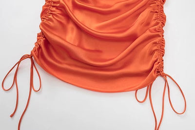 Robe Unie Orange Plissée Satin Lacets Miyeon G Idle Kpop Mode Femme