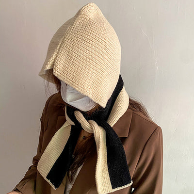 Bonnet Echarpe Bicolor Gris Bande Bleu Marine Mignon Mode Hiver Yujin Ive