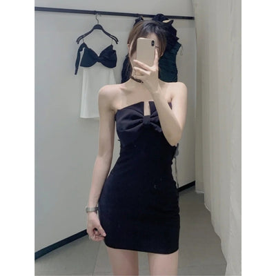 Robe Noire Décollette à Noeud Élégant Dos Nu Winter Aespa Mode Femme