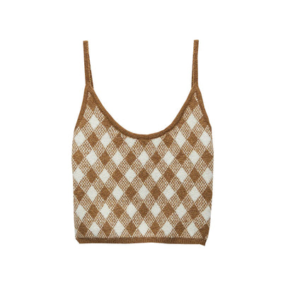 Veste Courte Cardigan en maille Argyle Camel et Blanc Jennie Kim KPop