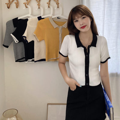 Polo Jaune Coutures blanches Manches Courtes Yena Mode Coreenne