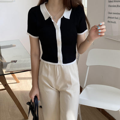 Polo Jaune Coutures blanches Manches Courtes Yena Mode Coreenne