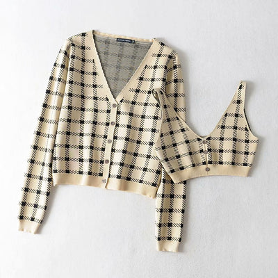 Ensemble Jennie Kim Veste Cardigan en Maille à Carreaux Black Pink