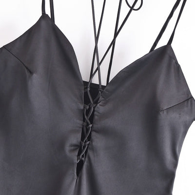 Nuisette Sexy Satin Noir à Bretelles et Lacet Central Minnie G IDLE NXDE